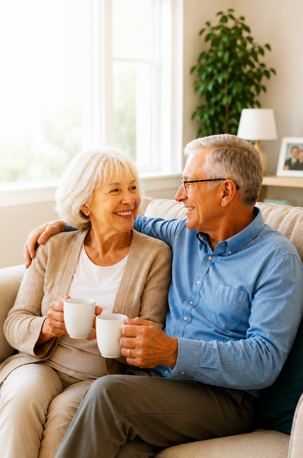 A senior couple sitting together, smiling