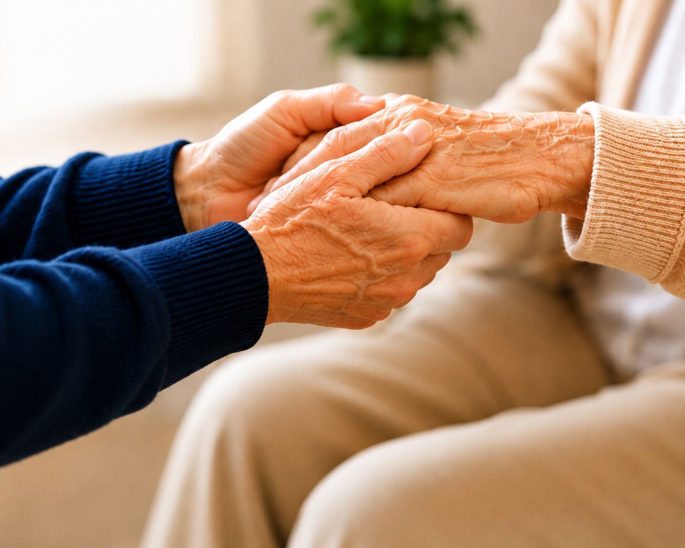 A younger person gently holding the hands of an older person